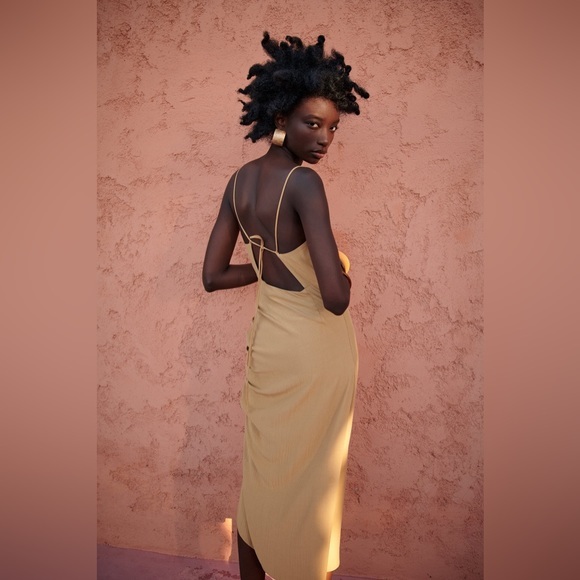 Zara Strappy Midi Neutral Dress with Draped Detail - Picture 1 of 15